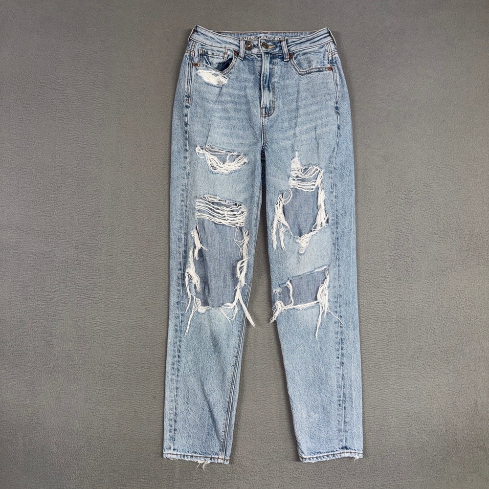 American Eagle Jeans Womens 0 Blue Mom Jean Distressed Highest Rise Denim
